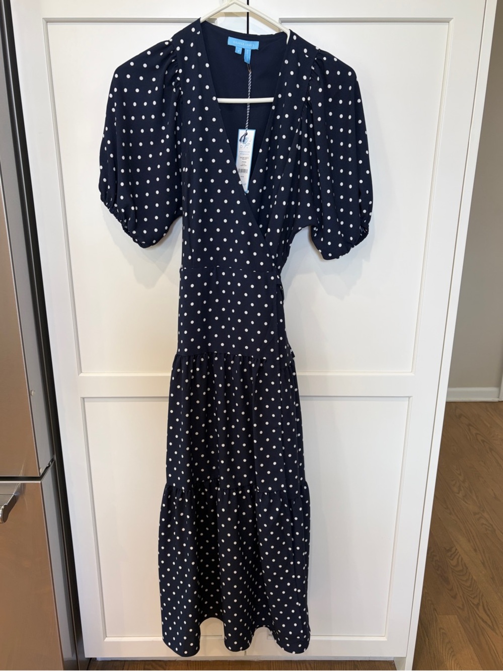 Draper James Navy and White Polka Dot Puff-Sleeve Maxi Dress